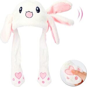 Kids White Animal Hat with Ears Moving Jumping Pop Up Beating Plush Holiday
